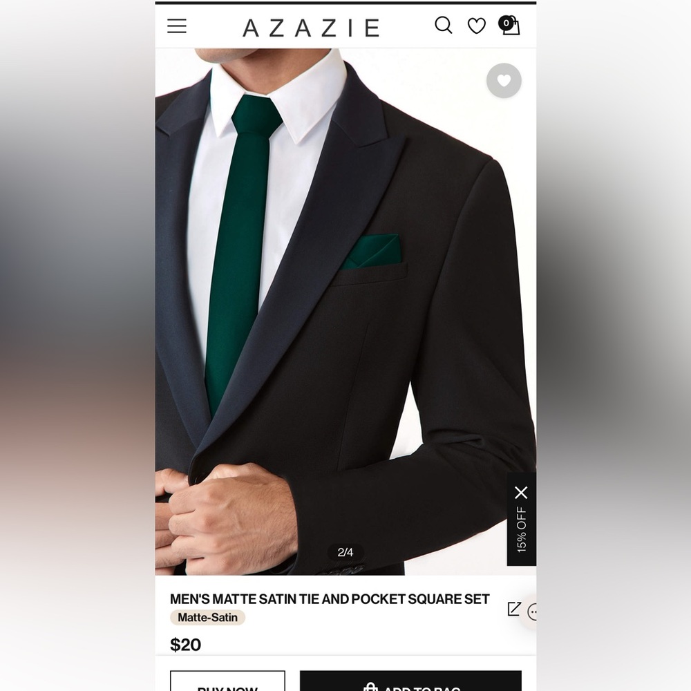 NWT Azazie Men’s Pine tie and pocket square